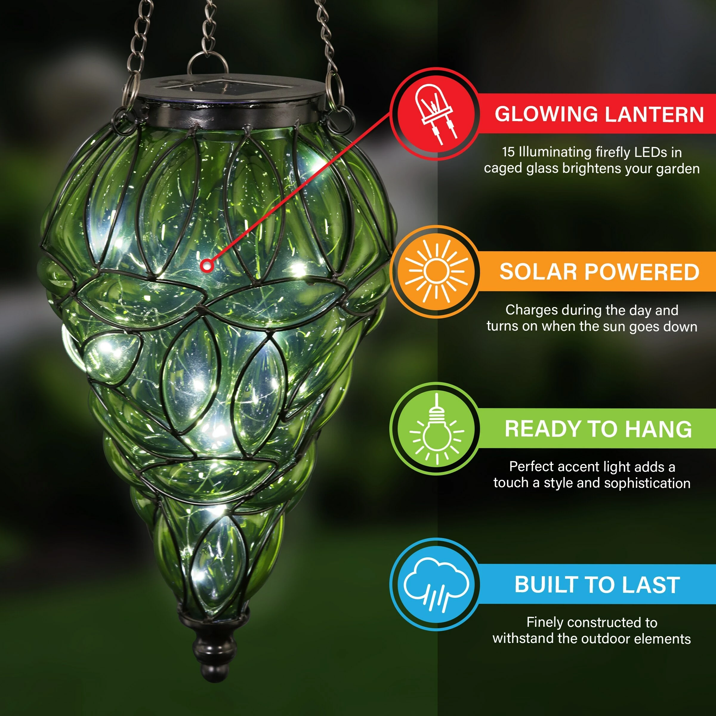 Outlet π Promo π Exhart Solar Tear Shaped Hand Blown Glass Hanging Lantern With Fifteen LED Lights, 7 By 24 Inches π βοΈ - Image 4