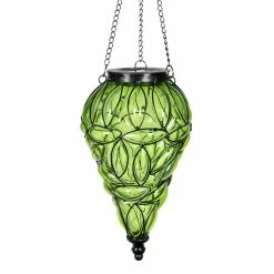 Outlet 🛒 Promo 😍 Exhart Solar Tear Shaped Hand Blown Glass Hanging Lantern With Fifteen LED Lights, 7 By 24 Inches 😍 ✔️