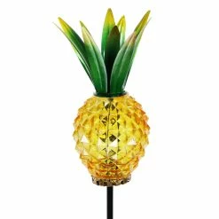 Brand new 🥰 Cheapest 😀 Exhart Solar Textured Glass Pineapple Garden Stake With Hand Painted Metal Leaf Crown, 4 By 29 Inches 🛒 ❤️
