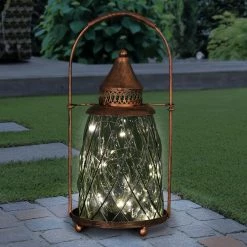 Cheapest 🧨 Best Sale 🌟 Exhart Solar Vintage Metal And Glass Accent Lantern With Fifteen LED Fairy Firefly String Lights, 7 By 15 Inches Blue 🌟 🌟