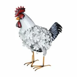 Budget 😉 Promo 🎁 Exhart Solar White Metal Rooster With 43 LEDs In A Flower Body Garden Statue, 17.5 By 16 Inches 😉 🥰