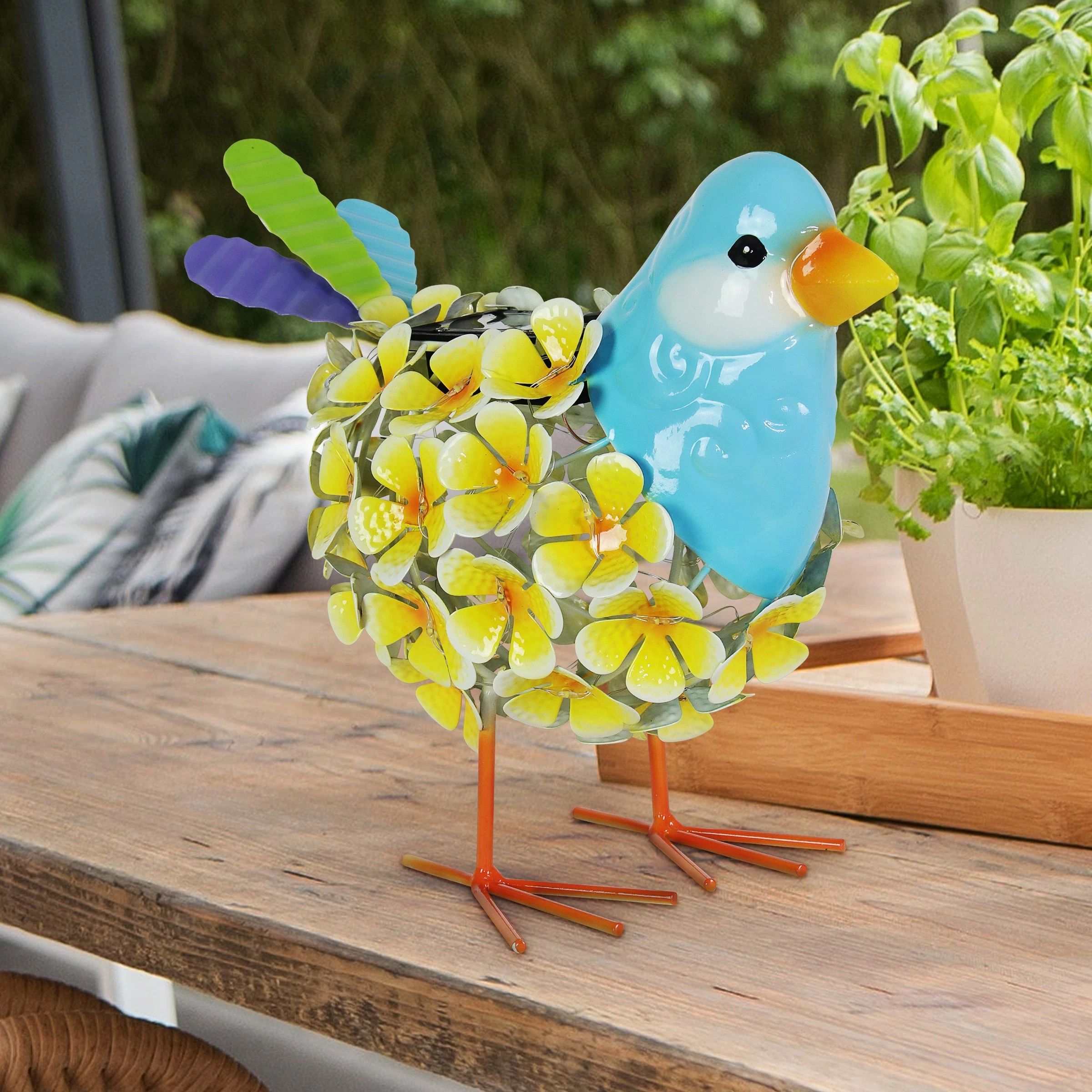 Hot Sale π New π Exhart Solar Yellow Metal Song Bird With 38 LEDs In A Flower Body Garden Statue, 6 By 7.5 Inches 𧨠βοΈ - Image 3