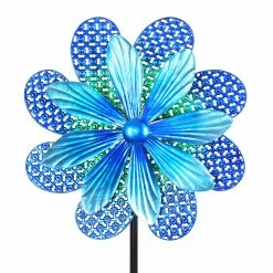 Wholesale 🔔 Hot Sale 😀 Exhart Stamped Blue Metal Double Pinwheel Kinetic Flower Garden Spinner Stake, 18 By 70 Inches ✨ 🎉