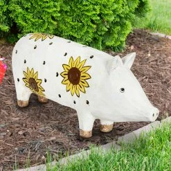 Hot Sale 😉 Outlet 😀 Exhart White Pig With Yellow Sunflowers Statue, 12 By 5.5 Inches 🔥 ✨