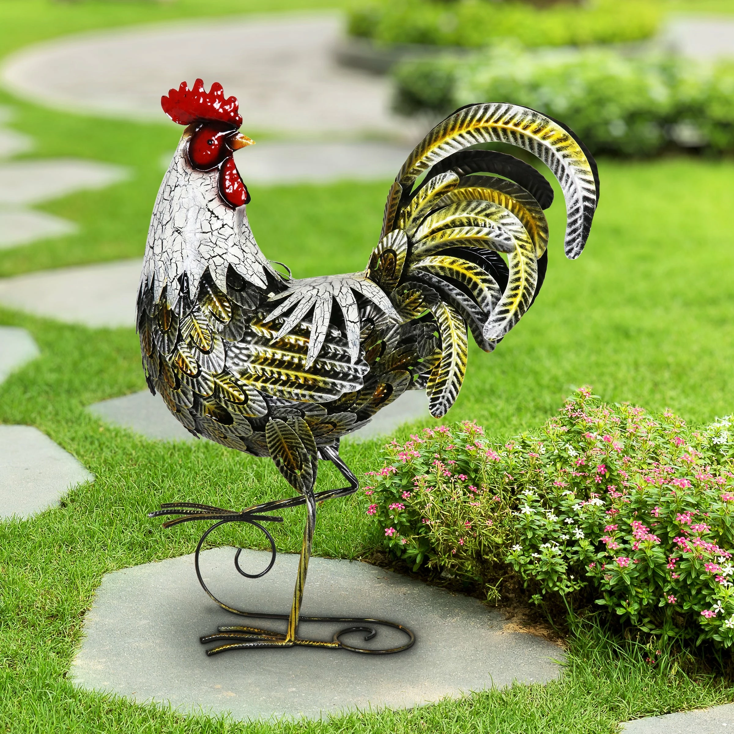 Outlet π Discount β¨ Exhart White And Gold Metal Rooster Garden Statue, 18 Inch π― β€οΈ - Image 2