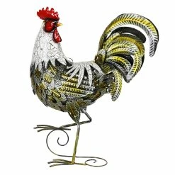 Outlet 👏 Discount ✨ Exhart White And Gold Metal Rooster Garden Statue, 18 Inch 💯 ❤️