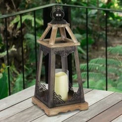 Top 10 👏 Discount 🤩 Exhart Wood And Metal Tabletop Lantern With LED Candle On A Battery Timer 🔔 ⌛